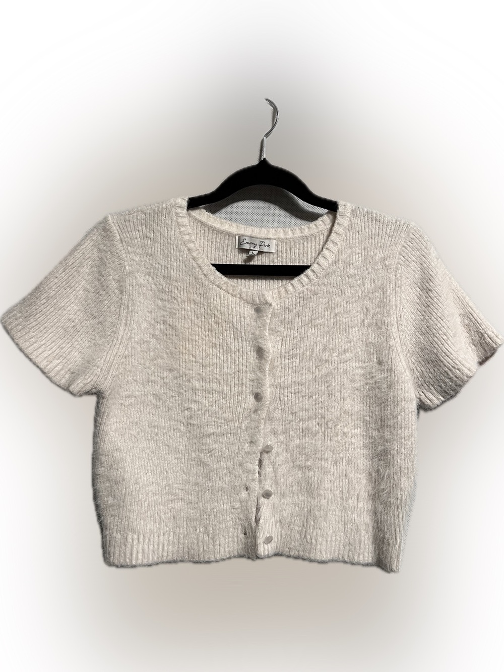 Emory Park Cream Fuzzy Cropped Short Sleeve Cardigan Knit | LARGE